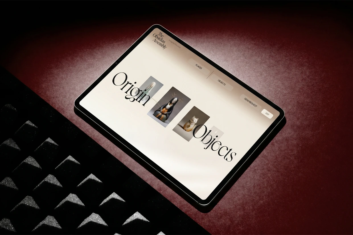 Obsidian Assembly creative design portfolio on tablet